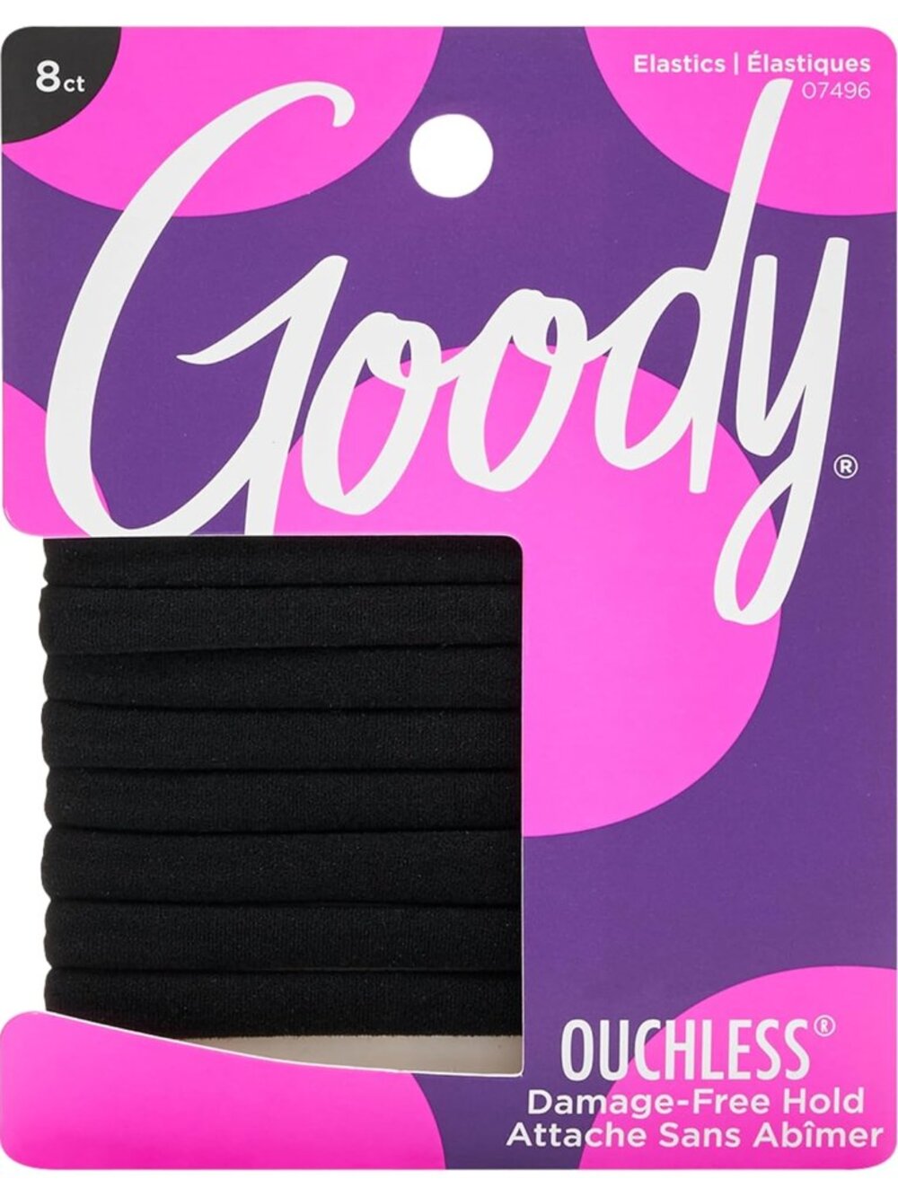 Ouchless Seamless Hair Elastics, 8 Ct, Black, Damage-Free Gentle Hold Elastic Ti